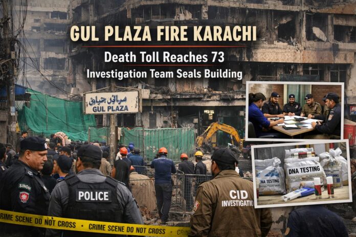 Police and rescue teams investigate Gul Plaza building in Karachi